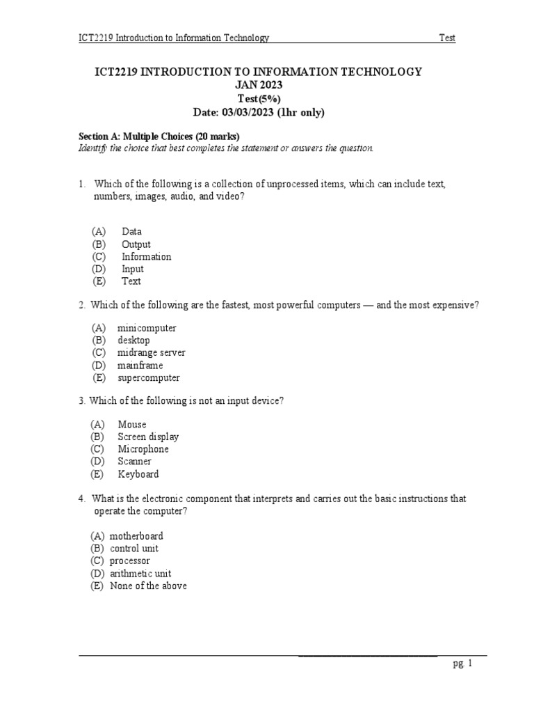 ICT2219 IT Introduction Test Questions | PDF | Input/Output | Software