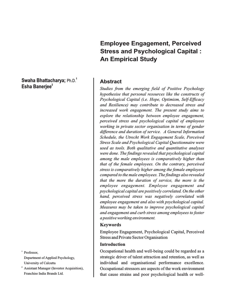 Employee Engagement, Perceived Stress and Psychological Capital An ...