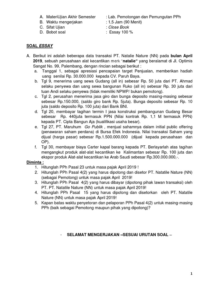Ujian Akhir Pph Pt Natalie Nature Pdf Pengelolaan Keuangan Uang