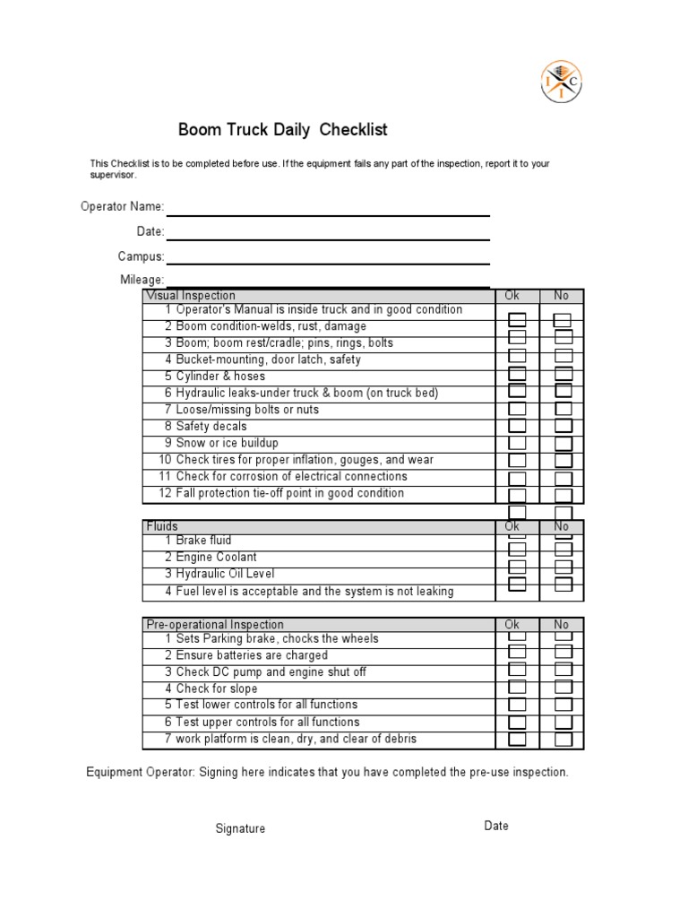 MC Pre Use Inspection Checklist Bucket Truck 2021 PDF
