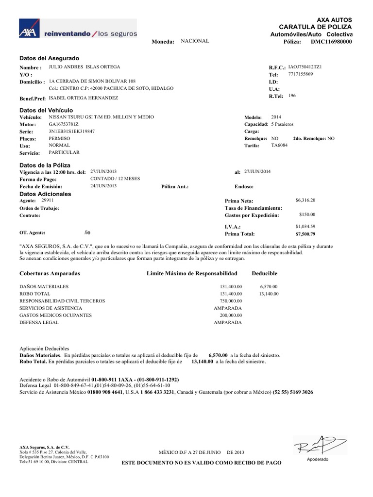 Póliza de Seguro de Auto AXA 2013 | PDF | Cheque