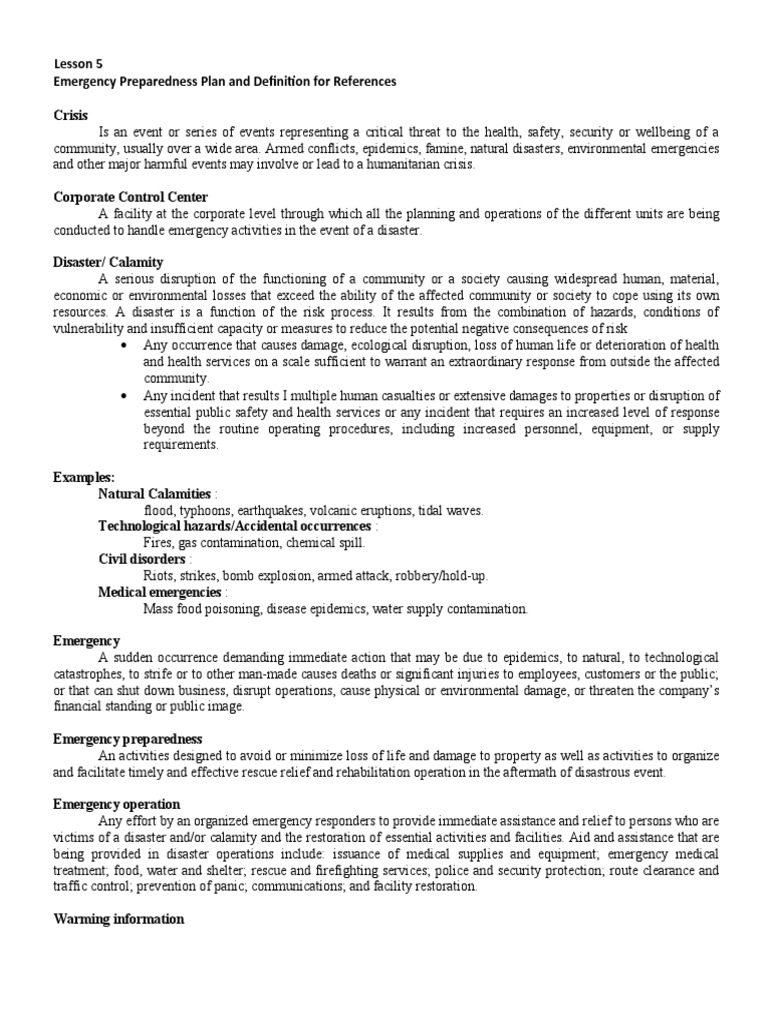 Lesson 5 Emergency Preparedness Plan and Definition For References