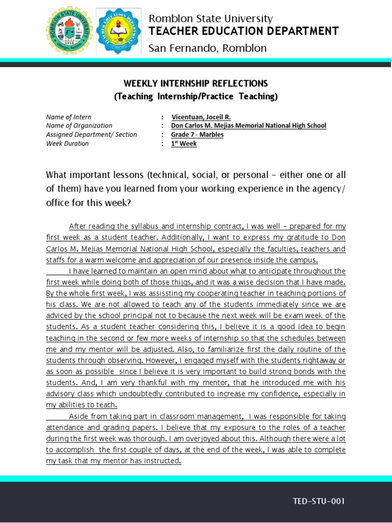 Weekly Internship Reflections: Week 1 | PDF | Teachers | Internship