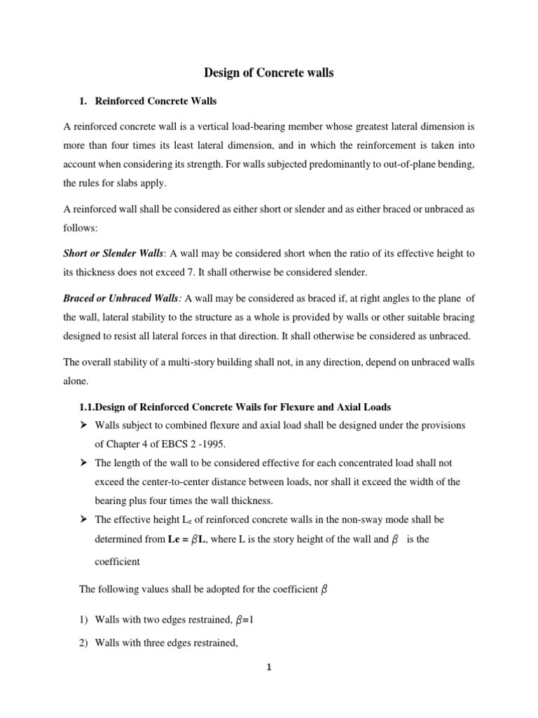 Design And Reinforcement Requirements For Concrete Walls Subjected To