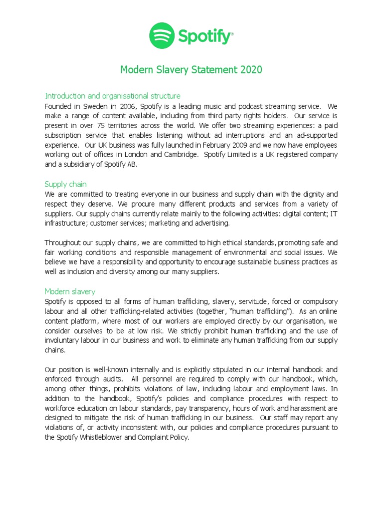 Spotify Modern Slavery Statement 2020 | PDF | Human Trafficking | Spotify