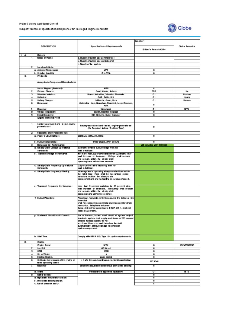 Genset Technical Specification Guide | PDF | Battery Charger | Electric ...