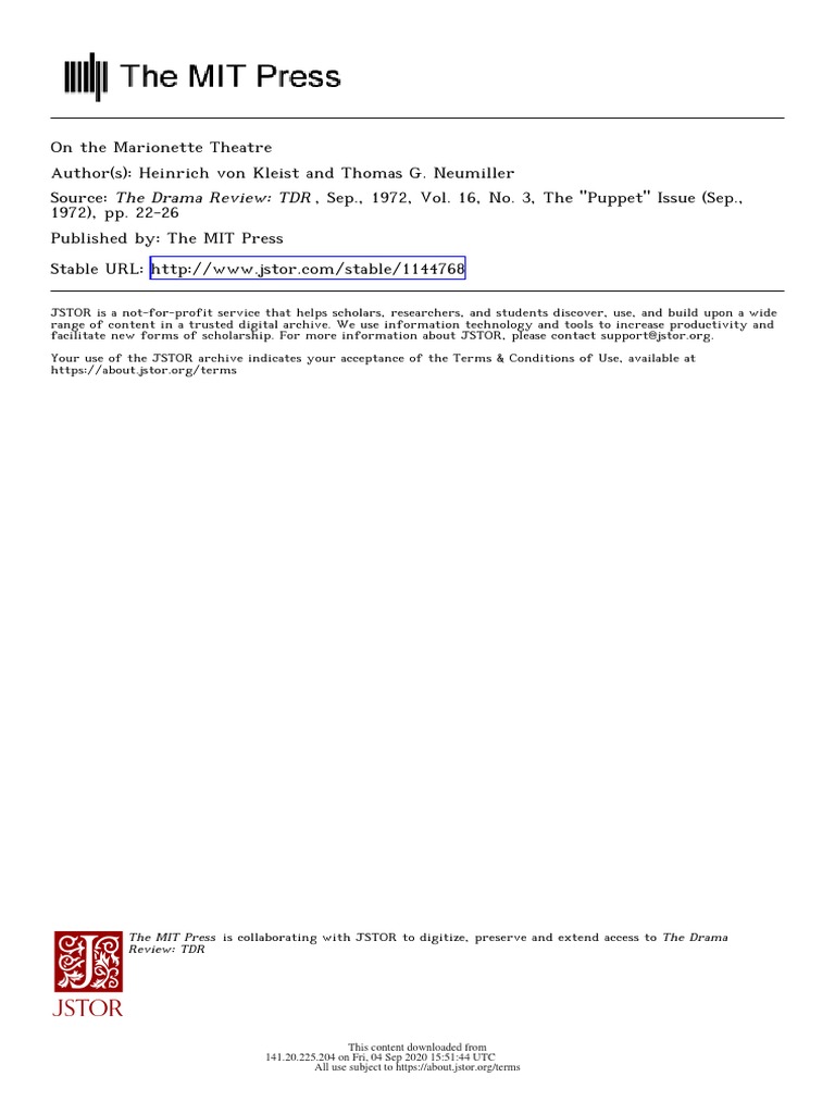 Kleist 1801 On The Theatre PDF Dances Fencing