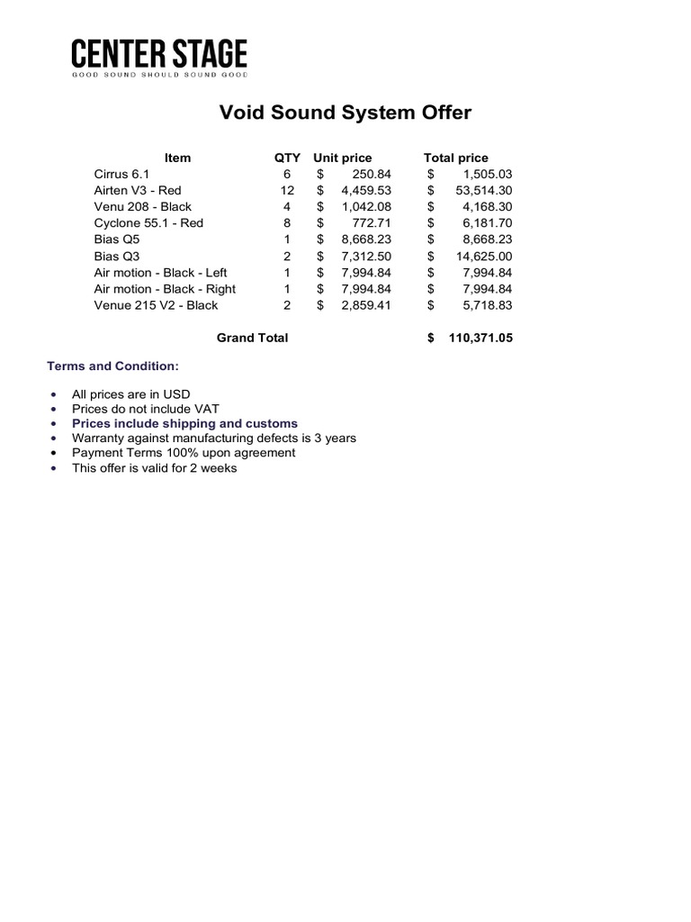 Void Sound System Pricing Offer | PDF