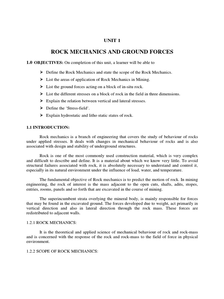 1 Rock Mechanics And Ground Forces Pdf Rock Geology Stress