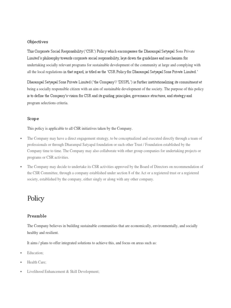 CSR Policy for Sustainable Development | PDF | Corporate Social ...