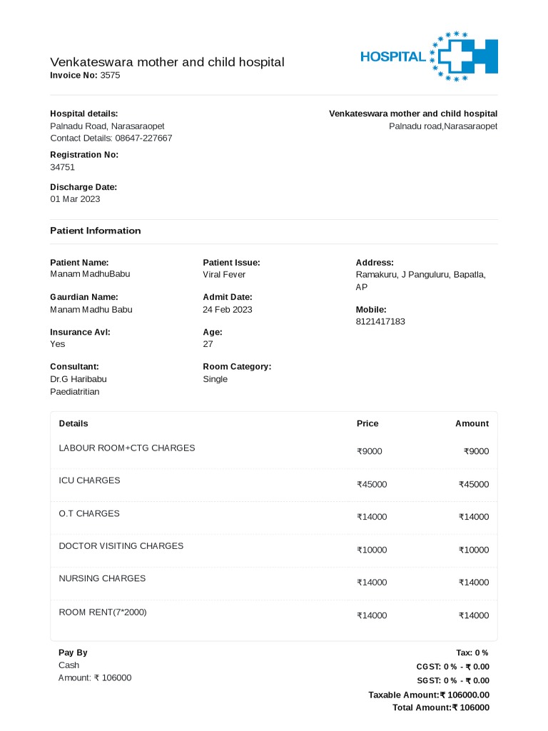 Venkateswara Hospital Invoice Summary | PDF