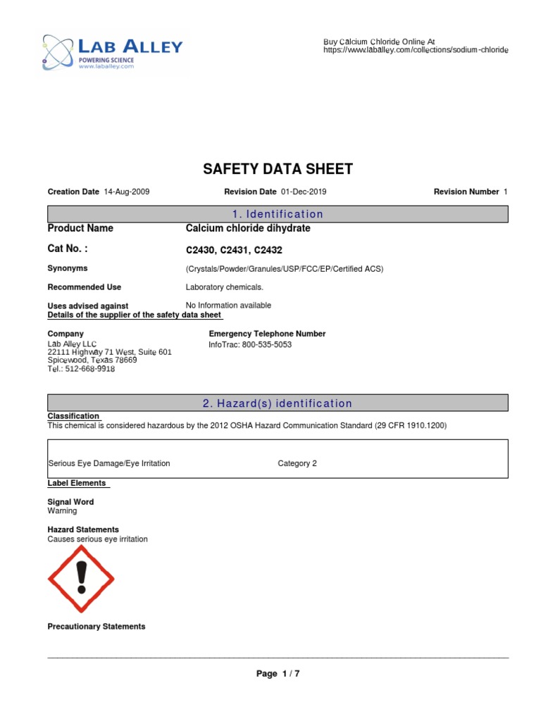 Calcium Chloride Dihydrate Safety Data Sheet SDS | PDF | Workplace ...