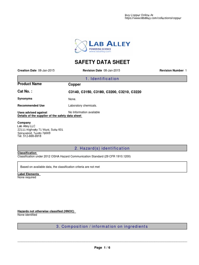 Copper Safety Data Sheet SDS PDF Labor Relations Physical Sciences