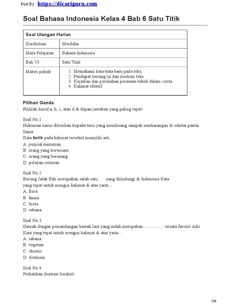 Soal Bahasa Indonesia Kelas 4 Bab 6 | PDF | Kajian Bahasa Asing | Fiksi ...