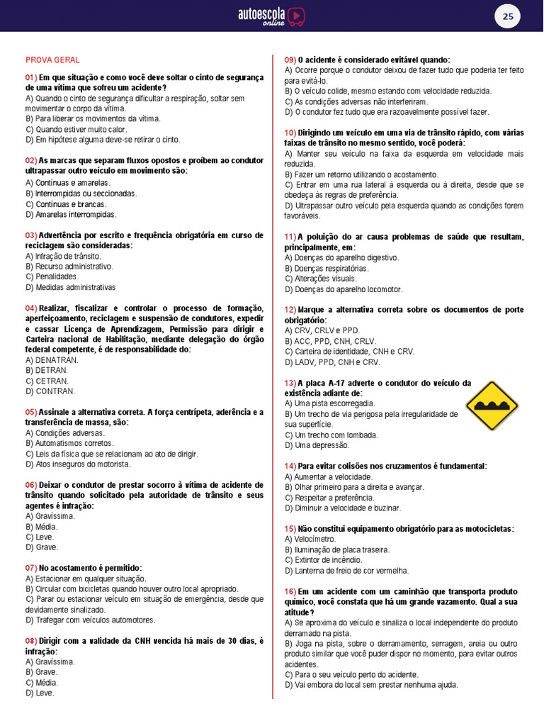 25 Prova Geral Pdf Pdf Carteira De Motorista Tráfego