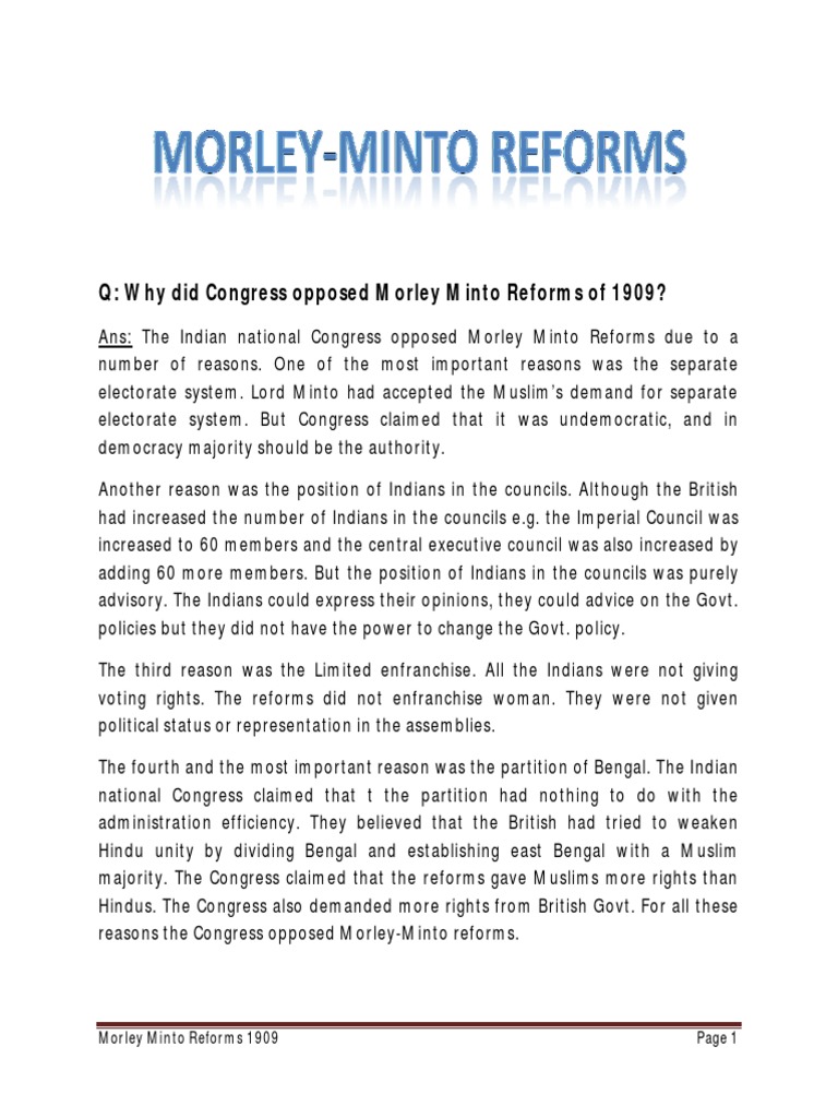 Morley Minto Reforms 1909 Pdf Politics Of India South Asia