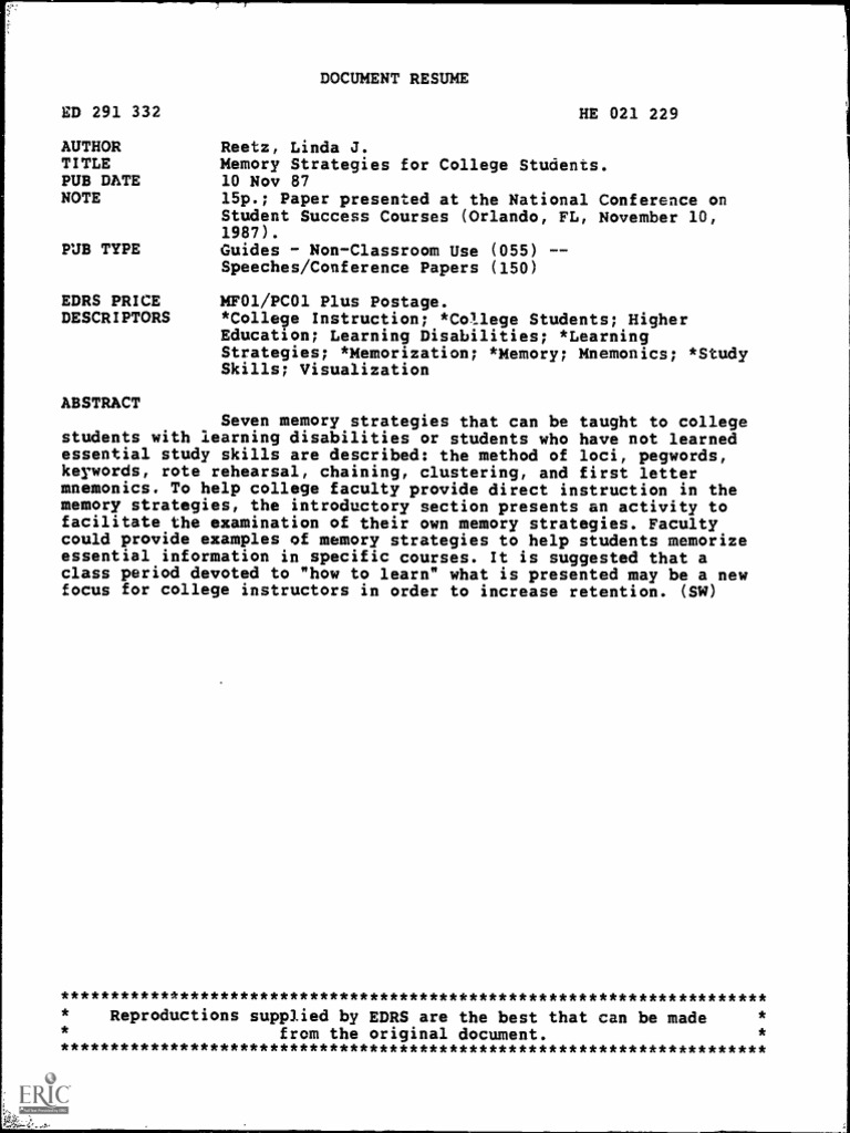 Linda Reetz Memory Strategies For College Students PDF PDF Memory