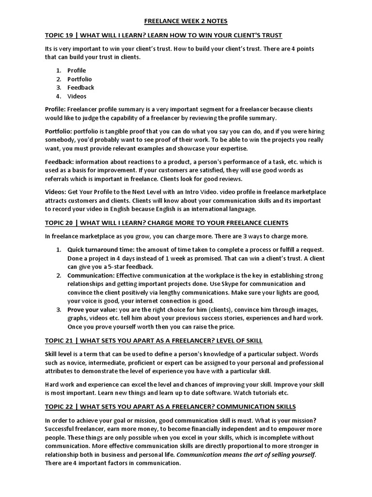 Freelance Week 2 Notes - PDF Version 1 | PDF | Freelancer | Communication