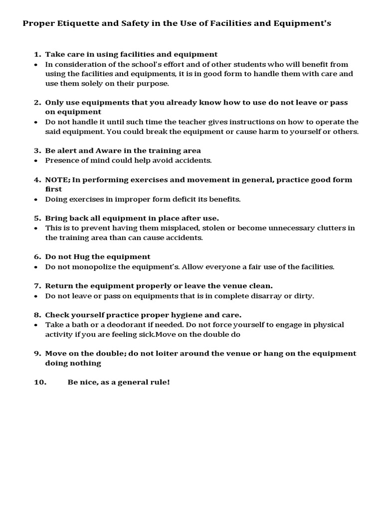 Proper Etiquette and Safety in The Use of Facilities and Equipment PDF