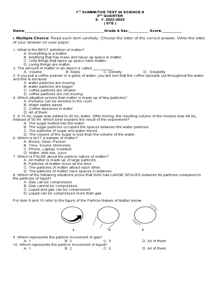 Science 8 1st Quarter Test on Matter | PDF | Gases | Matter