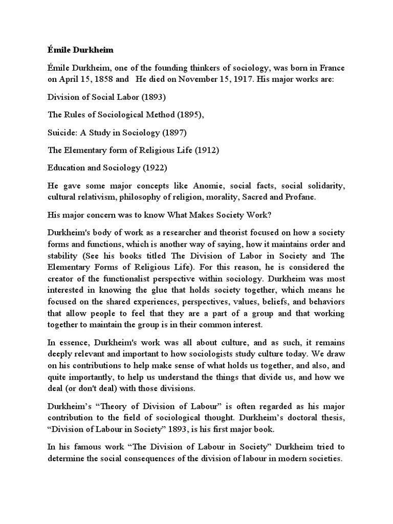Emile Durkheim | PDF | Émile Durkheim | Division Of Labour