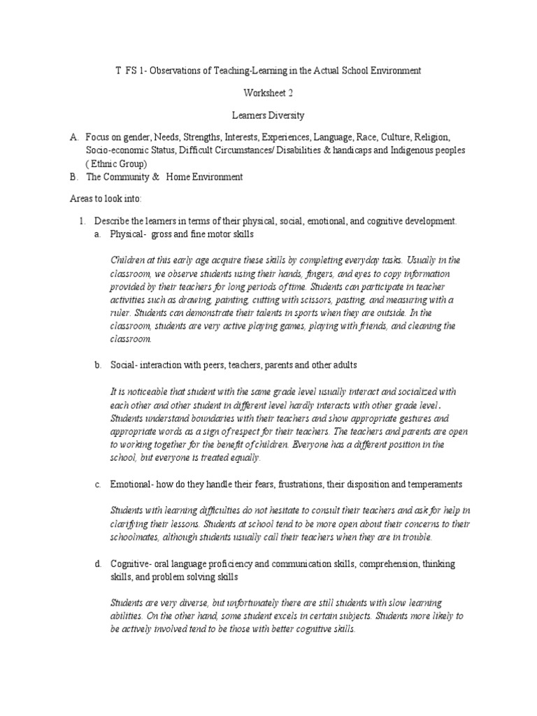 FS 1 Worksheet 2 | PDF | Teachers | Learning