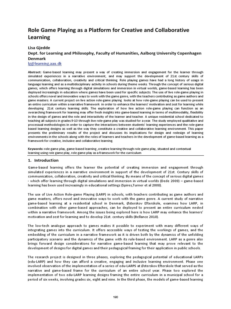 Role Game Playing as a Platform for Creative and Collaborative Learning ...