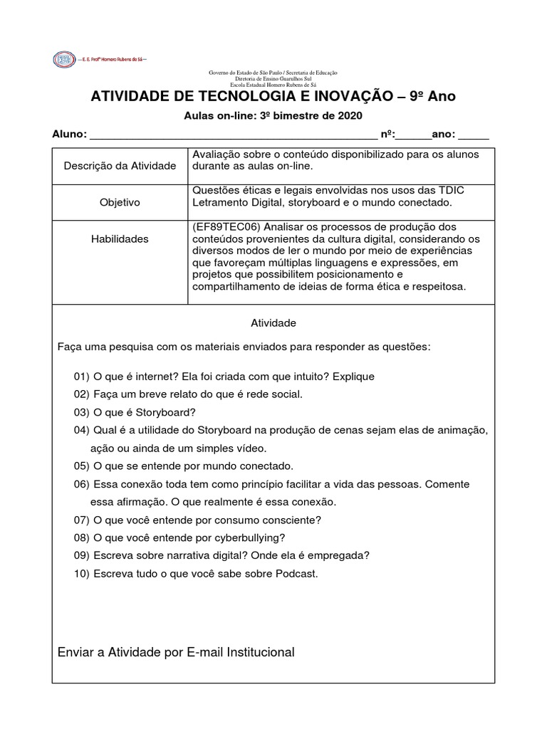 Atividade de Tecnologia e Inovação - 9º Ano | PDF | Computadores