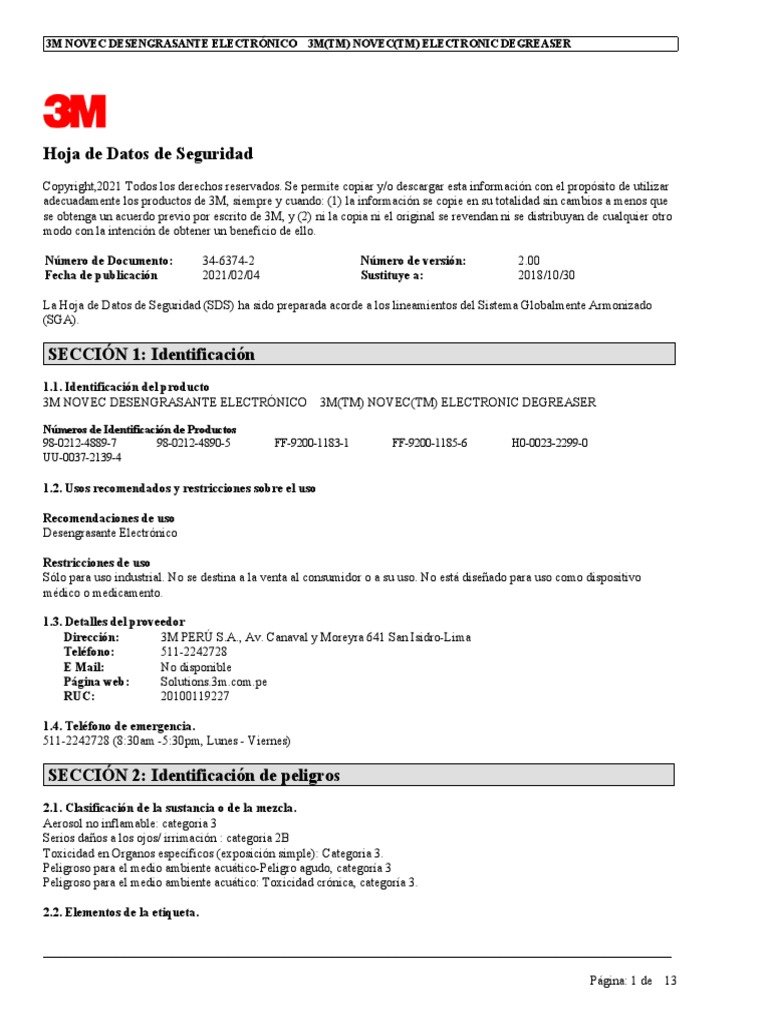 3M Novec Desengrasante Electrónico PDF PDF Mercancías peligrosas