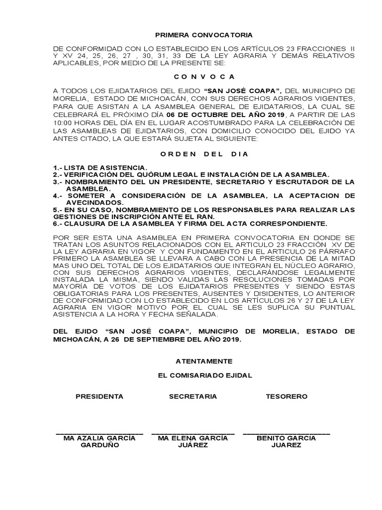 Acta De Asamblea De Aceptacion De Avecindados De Ejido Pdf Gobierno