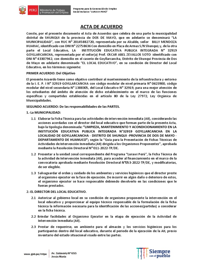 3.002 Acta de Acuerdo Goyllarcancha | PDF