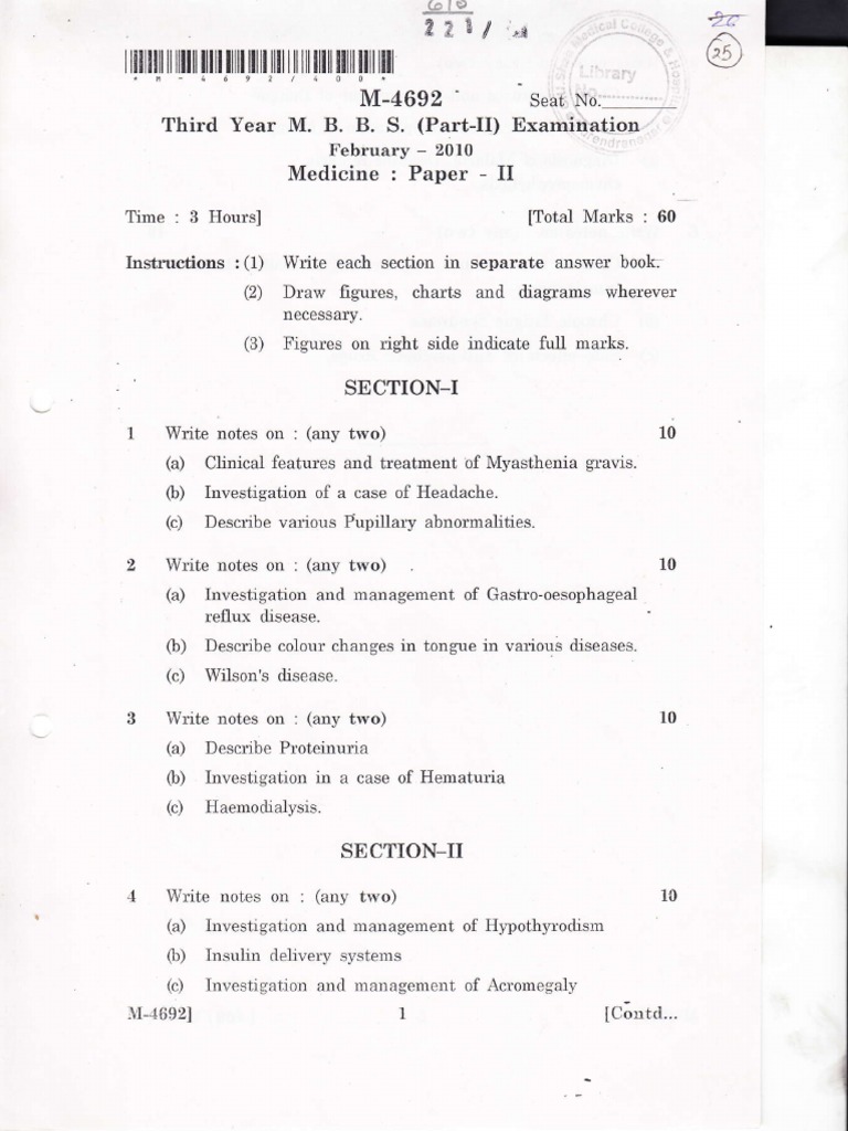 M.B.B.S. Medicine Exam Paper 2010 | PDF | Diseases And Disorders ...