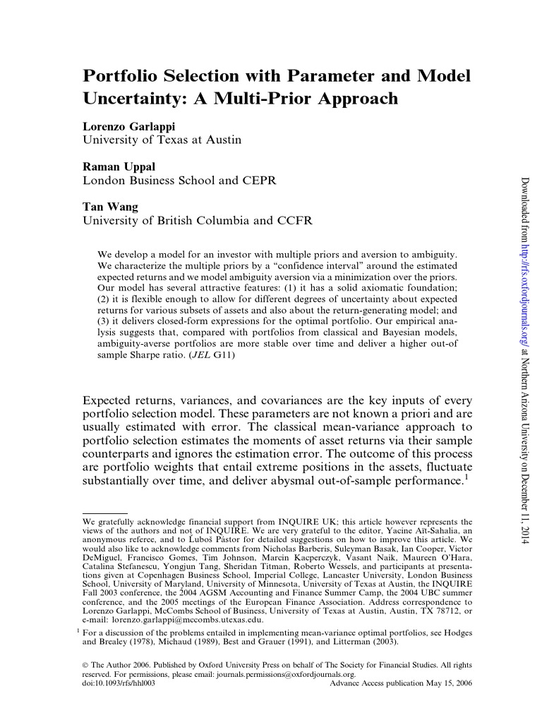 Multi-Prior Portfolio Selection Model | PDF | Modern Portfolio Theory ...