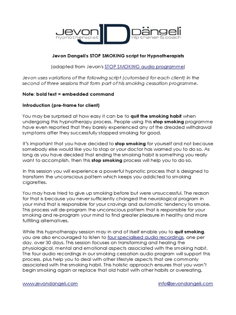 Hypnotherapy Script for Smoking Cessation | PDF | Unconscious Mind | Mind