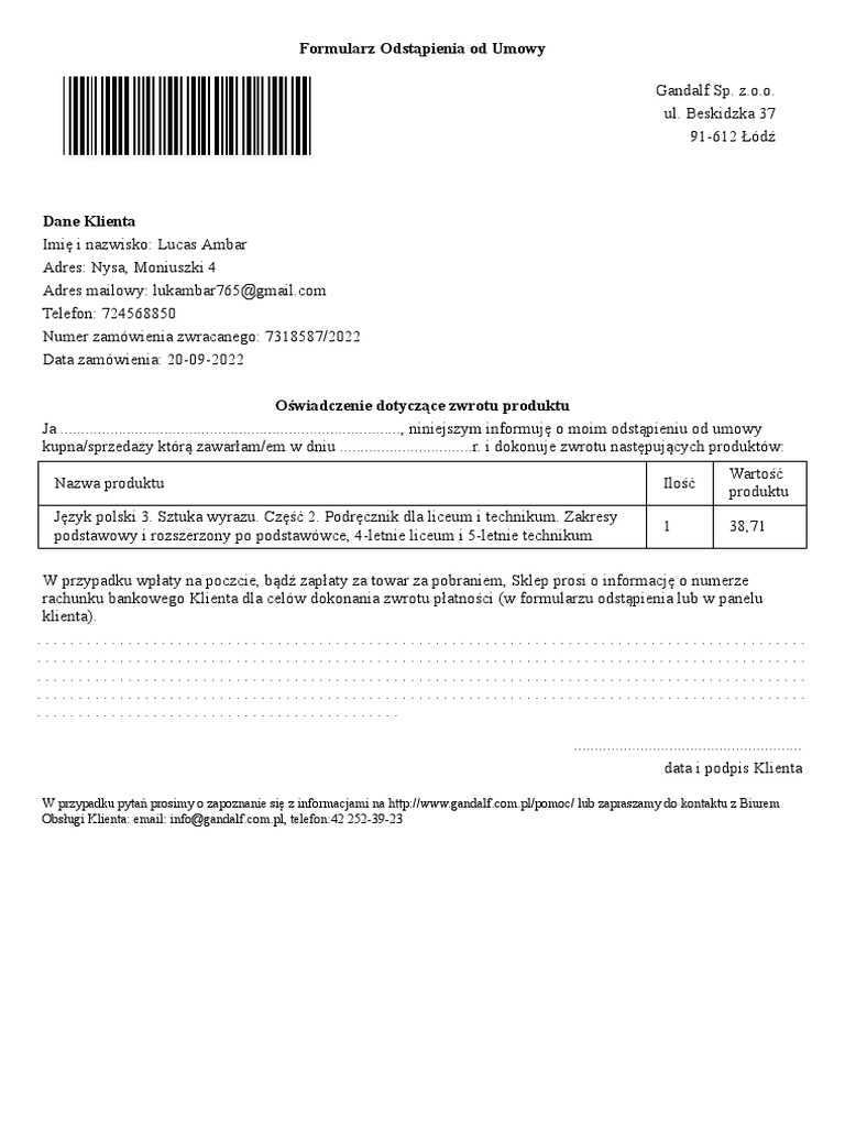 Form Reklamacje Zwroty Gandalf Com.pl NNNNNN PDF PDF