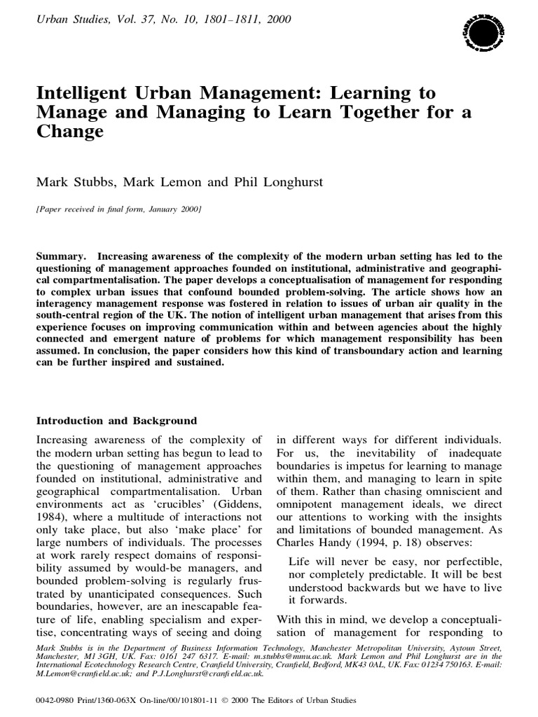 Intelligent urban management learning to manage and managing to learn