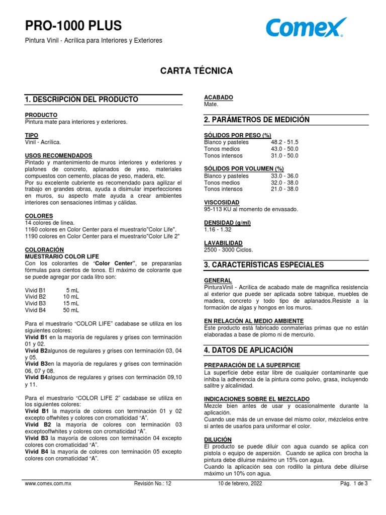 Ficha Técnica de PRO-1000 PLUS COMEX | PDF | Pintar | Cepillo