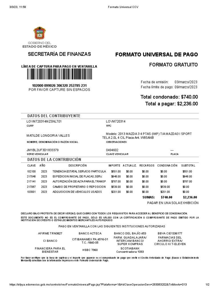 Formato Universal de Pago 2023 | PDF | Bancos | Finanzas personales