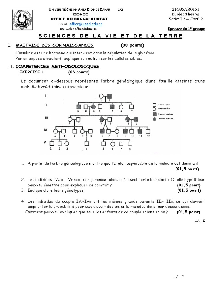 Épreuve SVT Bac L2 2021 Sénégal | PDF | Spécialités médicales ...