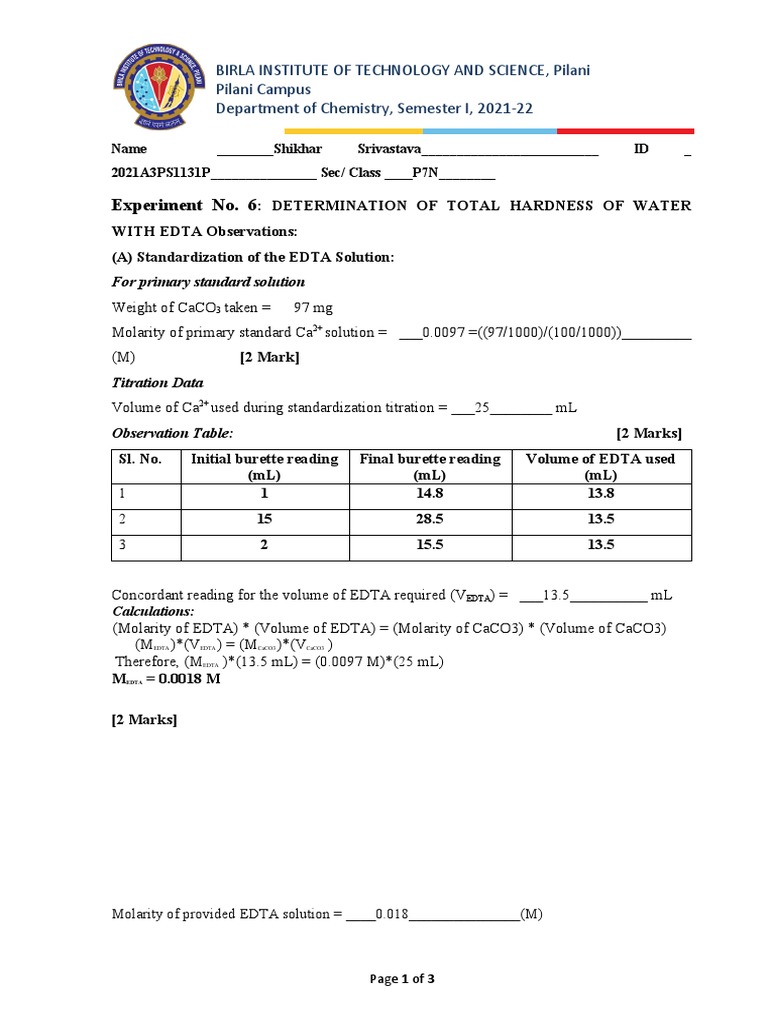 Determination of Total Hardness of Water Using EDTA Titration