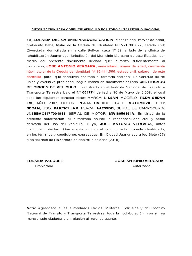 Autorizacion para Conducir Carro Ajeno PDF