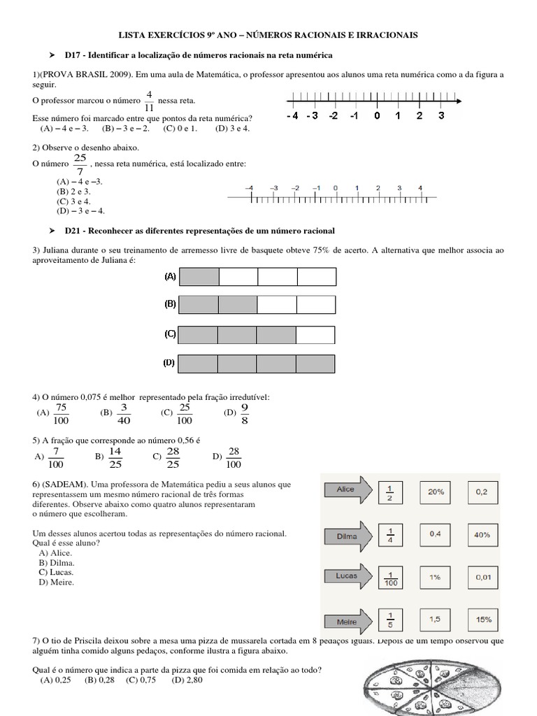 Exercícios 9º Ano - Números Racionais e Irracionais PDF | PDF | Número ...
