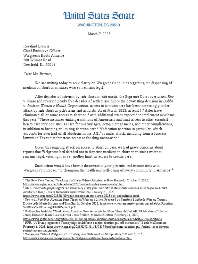 2023.03.07 Letter To Walgreens On Mifepristone PDF Abortion Pharmacy