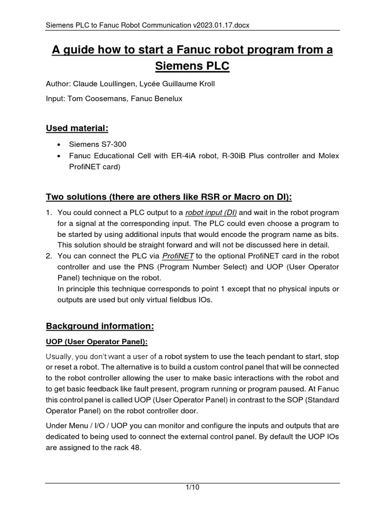 Siemens PLC to Fanuc Robot Setup Guide | PDF | Programmable Logic ...