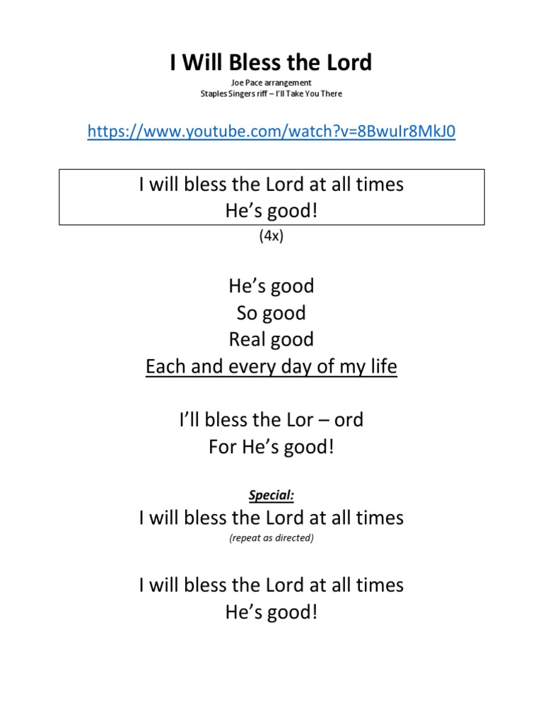 I Will Bless The Lord - Joe Pace PDF | PDF | Language Arts 
