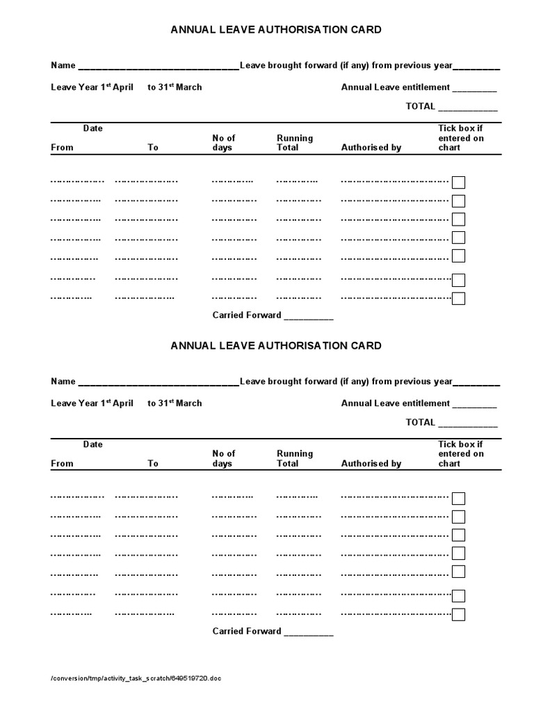 Annual Leave Authorisation Card PDF