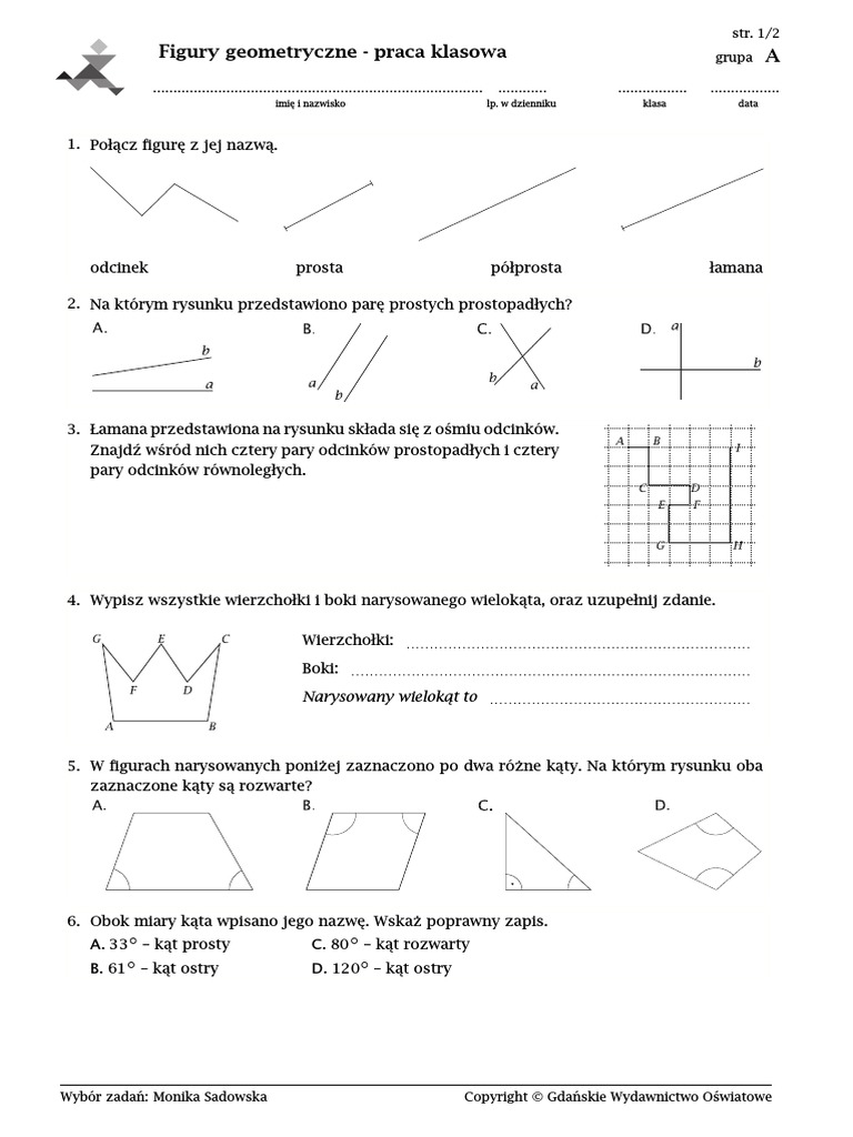 Test Z Geometrii Klasa 7 Figury Geometryczne - Praca Klasowa PDF | PDF