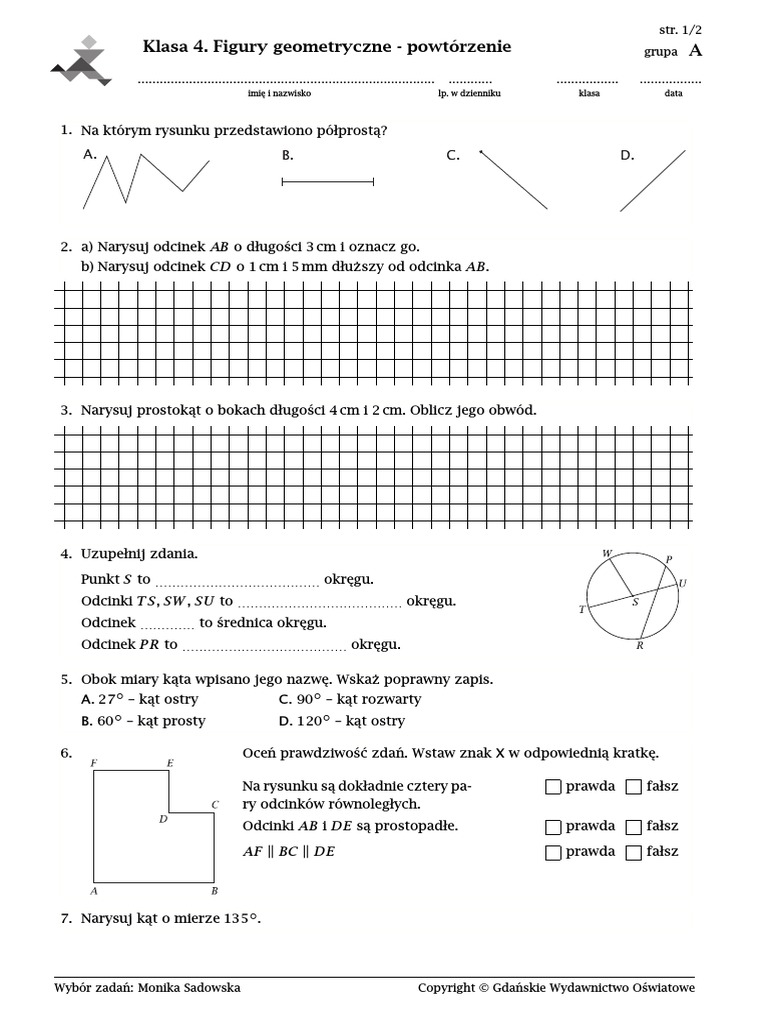 Test Z Geometrii Klasa 7 Figury Geometryczne - Powtórzenie PDF | PDF