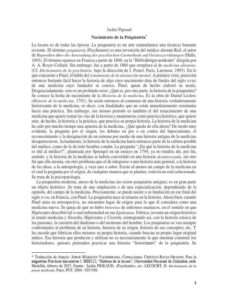 2004 Jackie PIGEAUD Nacimiento de La Psiquiatria Dict LECOURT | PDF ...