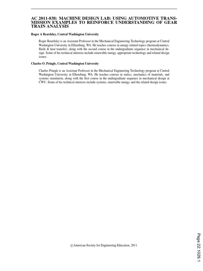 Machine Design Lab Using Automotive Transmission Examples To Reinforce